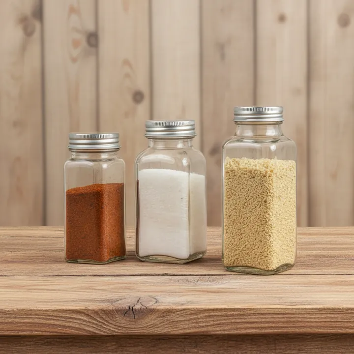 Three square herb jars with silver metal lids