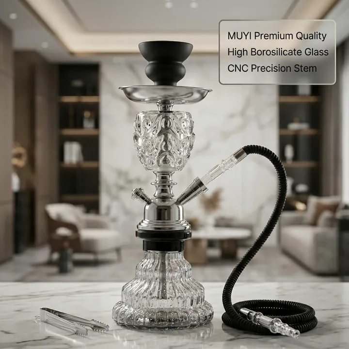 Transparent carved glass hookah set with full hose accessories
