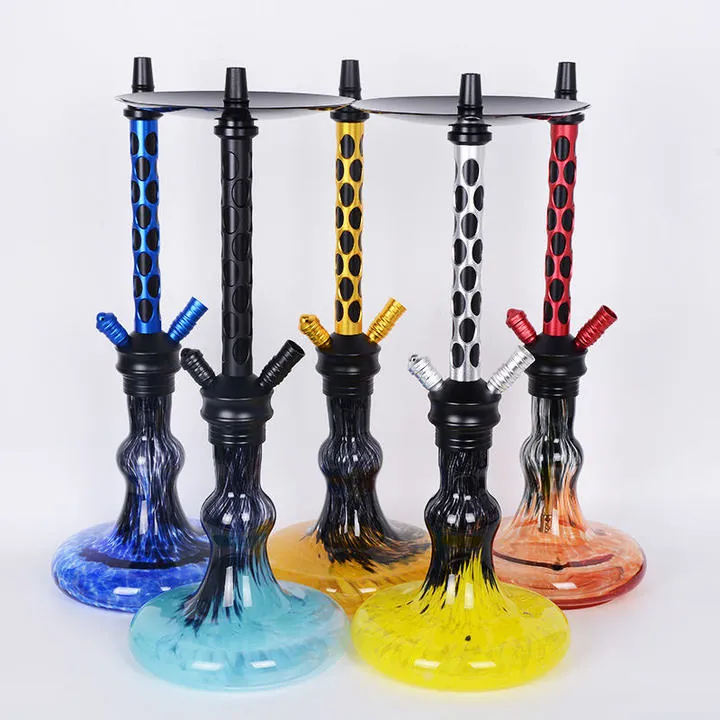 Multiple colored glass hookah bottles arranged in a row
