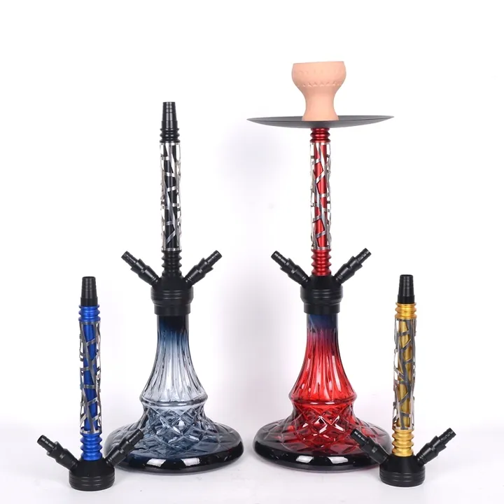 Red and blue glass hookah bottles with dual hose configuration