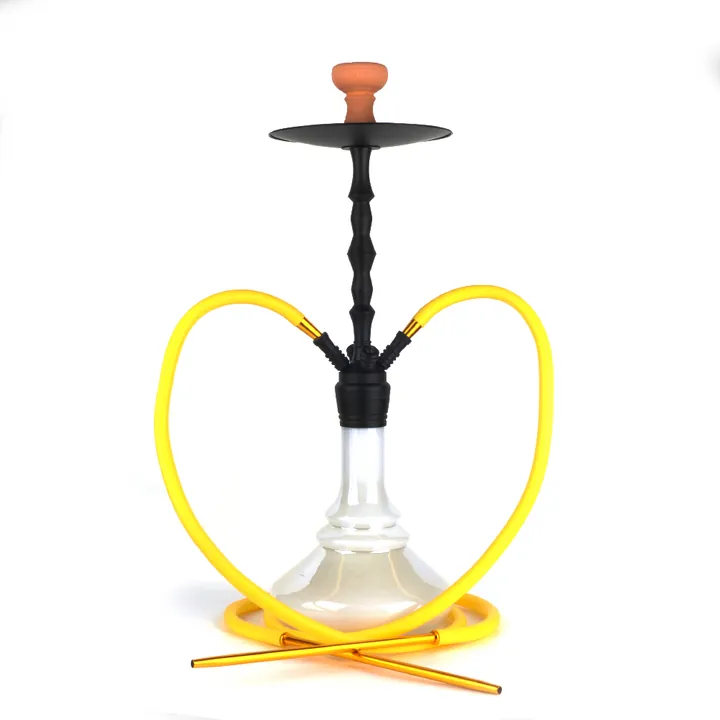 Transparent hookah bottle with yellow dual hose setup