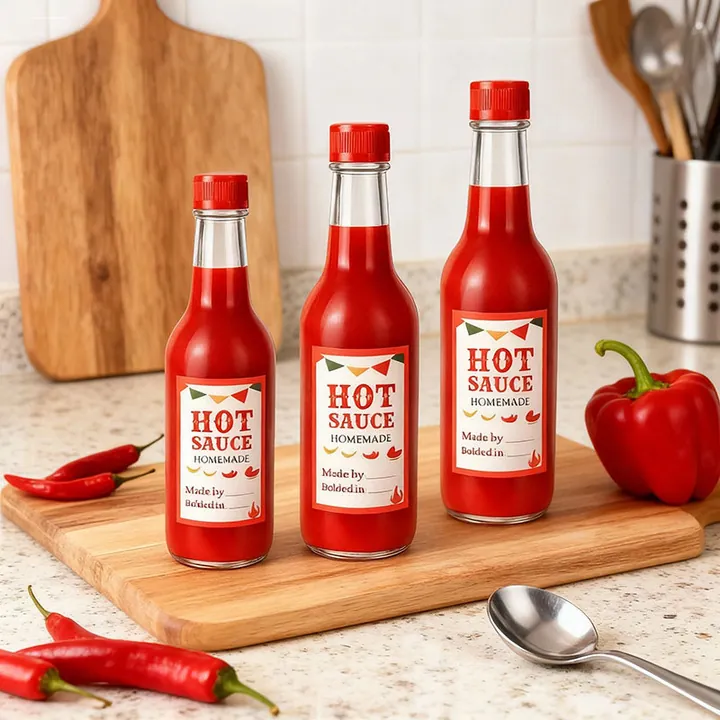 Three red hot sauce bottles with labels on kitchen counter