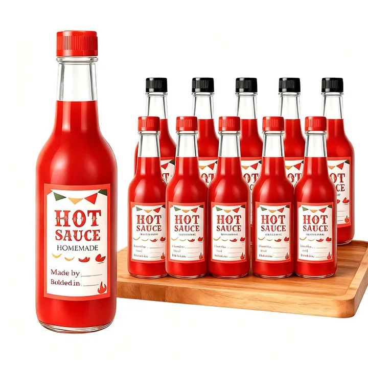Red hot sauce bottles with labels and black caps displayed together
