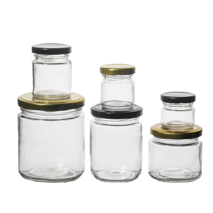 Glass jam jars with mixed lid colors and sizes