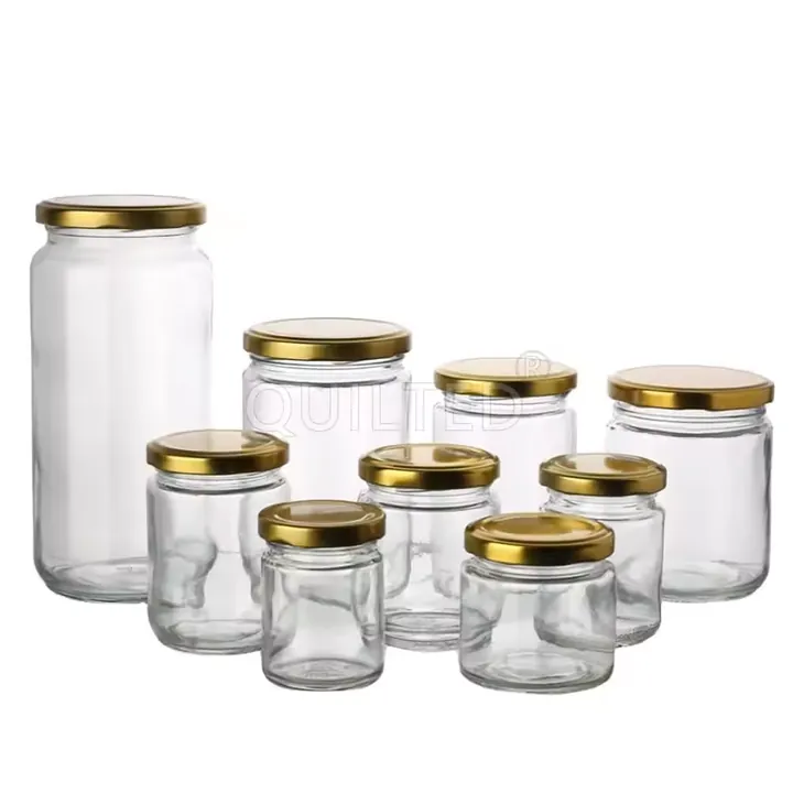 Round glass jam jars with metal lids in multiple sizes