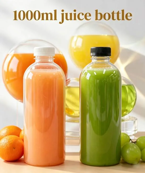 Two clear beverage bottles filled with different juices and black and white caps