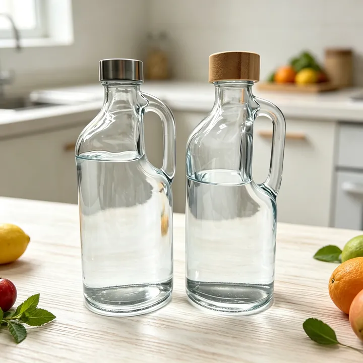 Deux bouteilles en verre transparent munies d'une poignée et d'un bouchon en métal et en bois, posées sur une table à manger