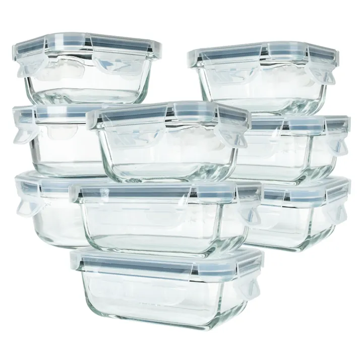 Boîtes alimentaires carrées en verre avec couvercles à fermeture hermétique bleu clair