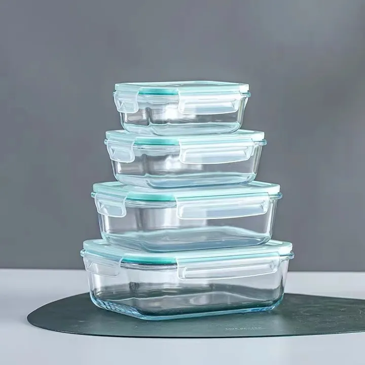 Boîtes alimentaires carrées en verre empilables avec couvercles transparents à fermeture hermétique