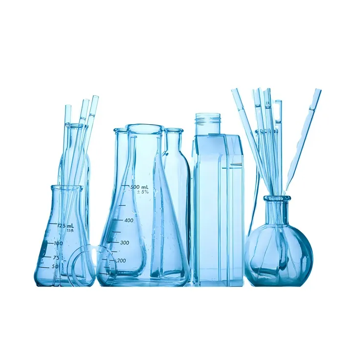 Blue laboratory glassware set with beakers flasks cylinders and pipettes