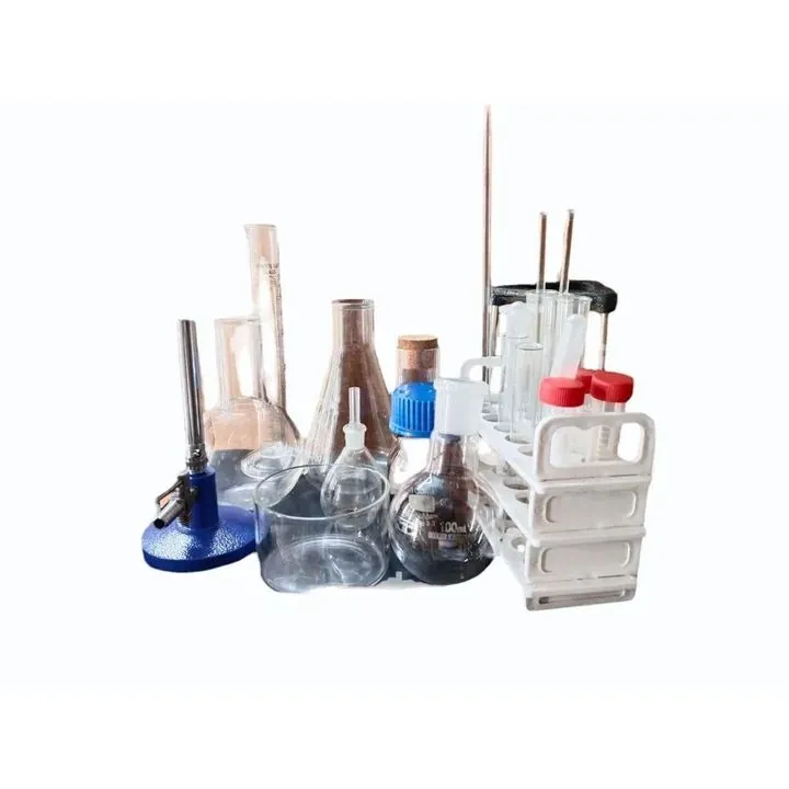 Laboratory experiment glassware with tubes flasks and beakers