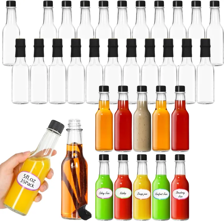 Slim sauce bottles with different liquids, caps, and colorful labels