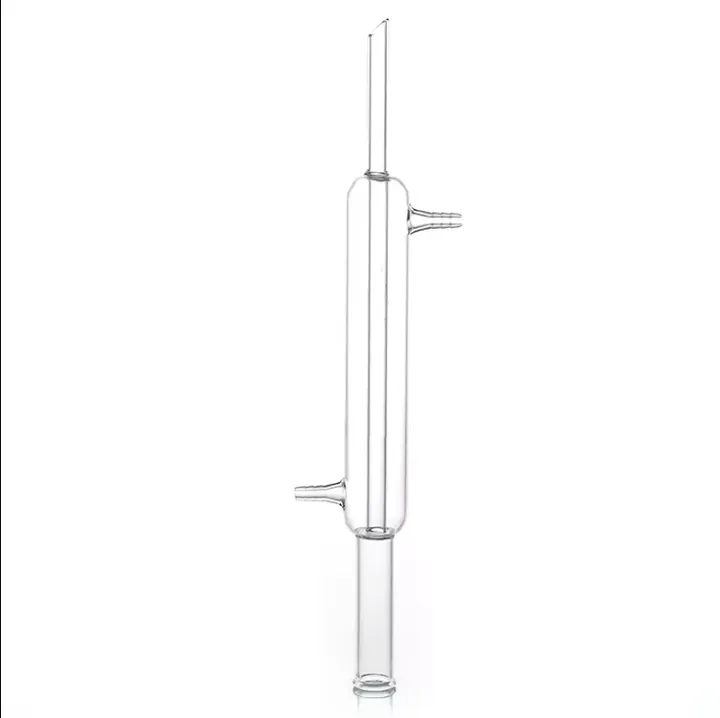 Transparent Liebig condenser tube with upper and lower hose connections