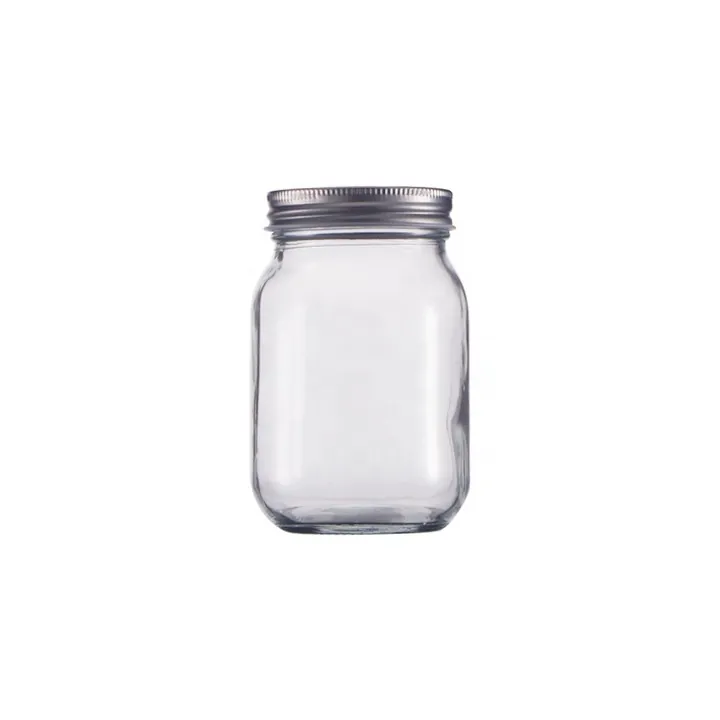 Clear mason jar with silver metal screw lid