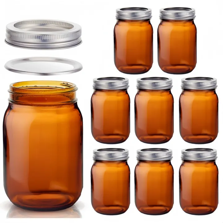 Amber mason jars with two piece metal lid structure