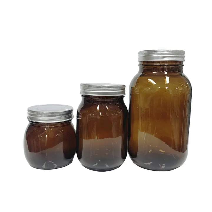 Amber mason jars in three capacities with silver lids