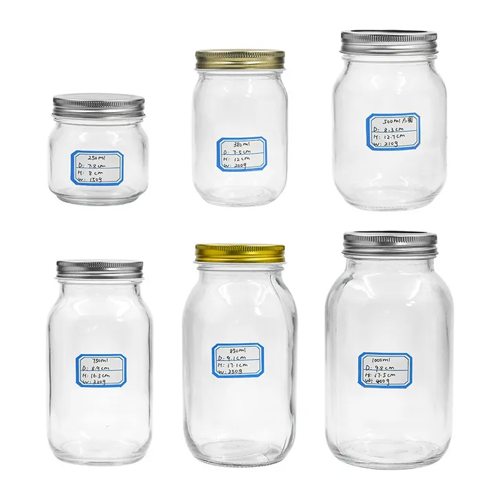 Clear mason jars with metal lids and size labels