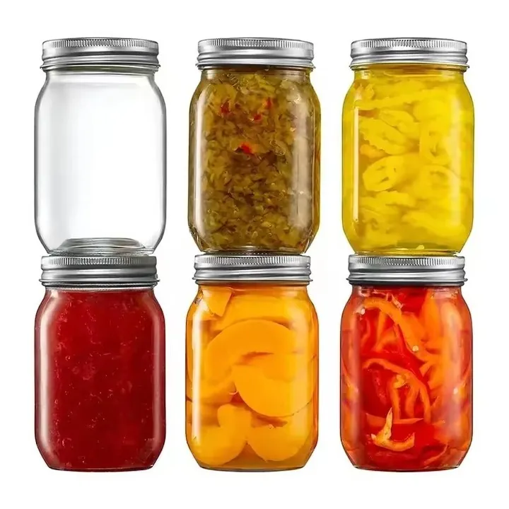 Clear mason jars filled with different pickled foods
