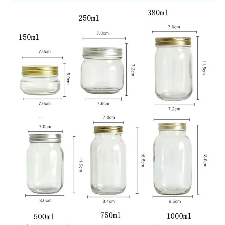 Clear mason jars with capacity and dimension markings