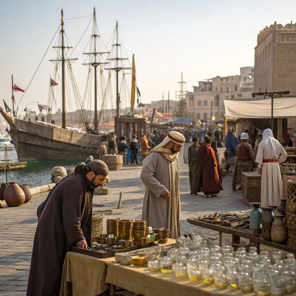 A medieval market by the sea with wooden ships, traders, and various goods on display. People are dressed in period costumes.