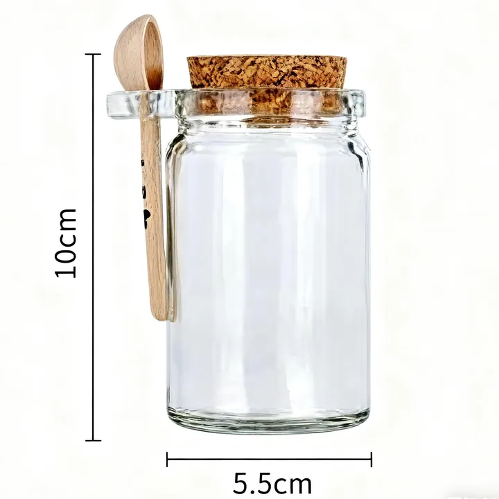 Small glass jar with cork lid and wooden spoon with size display