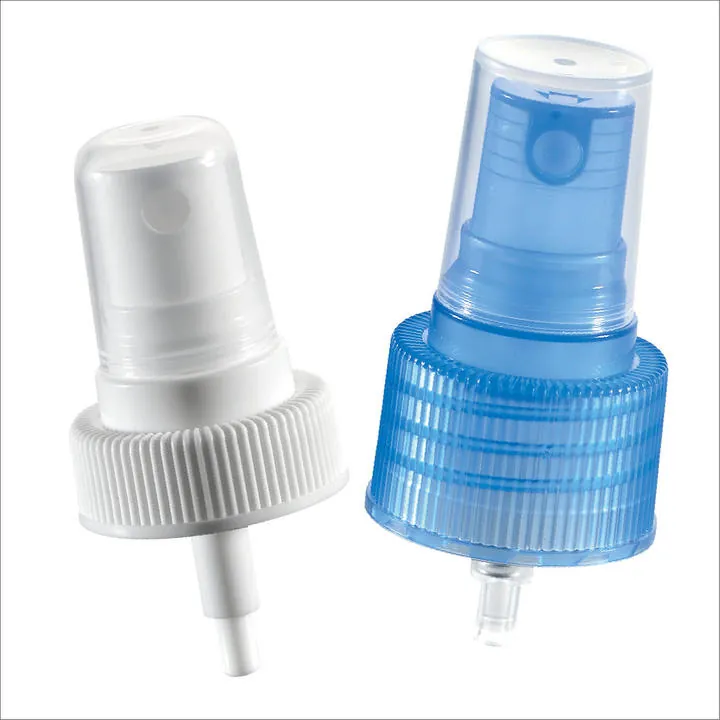 White and blue fine mist spray pumps with transparent caps