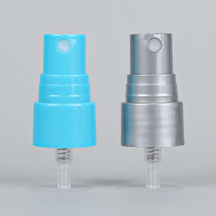Blue and silver fine mist spray pumps displayed side by side
