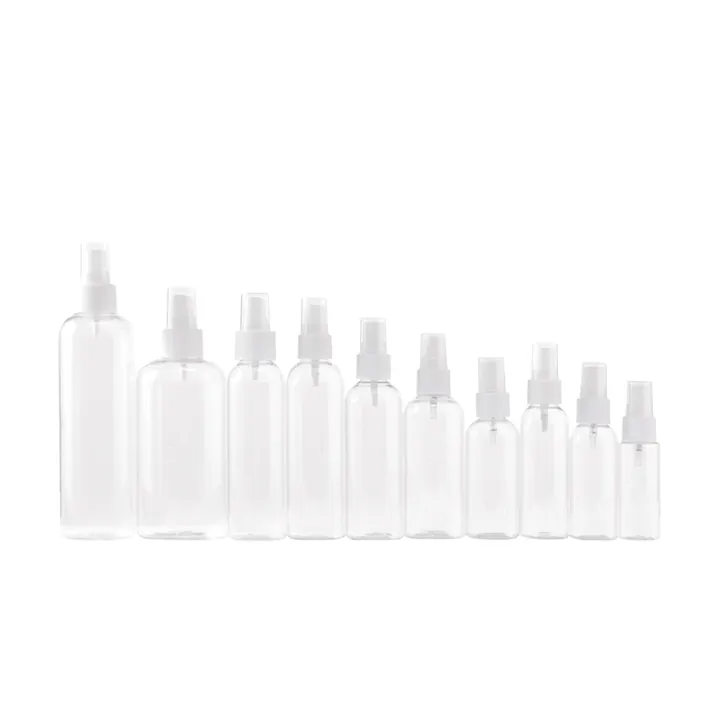 Assorted clear spray bottles in multiple sizes