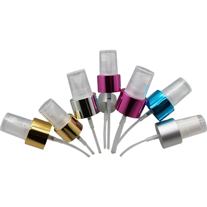 Colorful metal fine mist spray pumps arranged in a fan shape