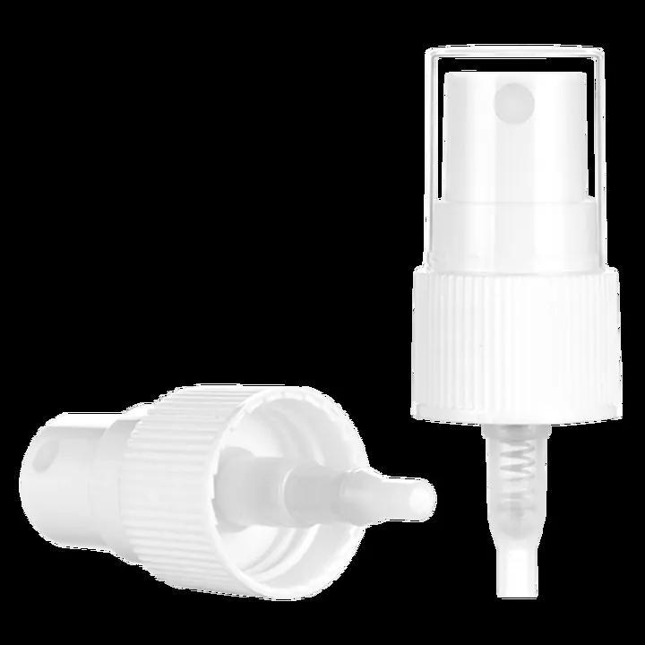 White plastic fine mist spray pumps shown upright and sideways