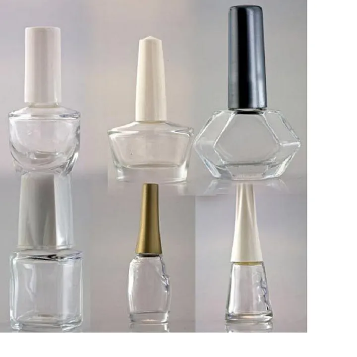 Collage of round square and specialty nail polish bottle designs
