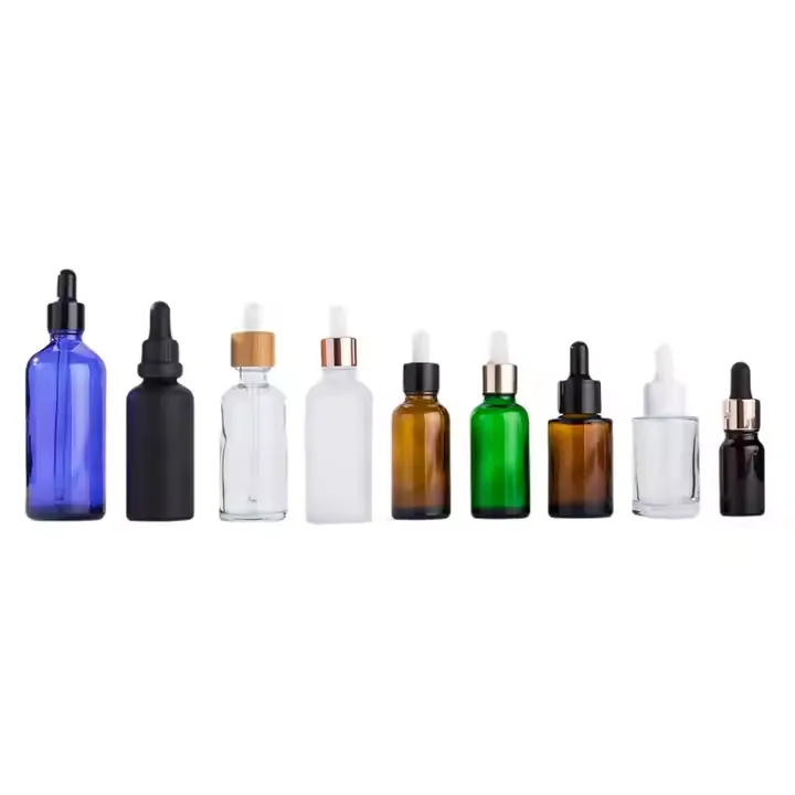 Amber bottles and cream jars with wood grain lids