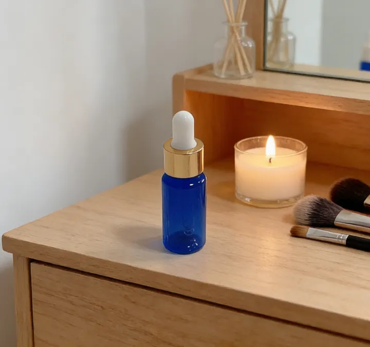 Blue glass dropper bottle with white bulb and gold ring
