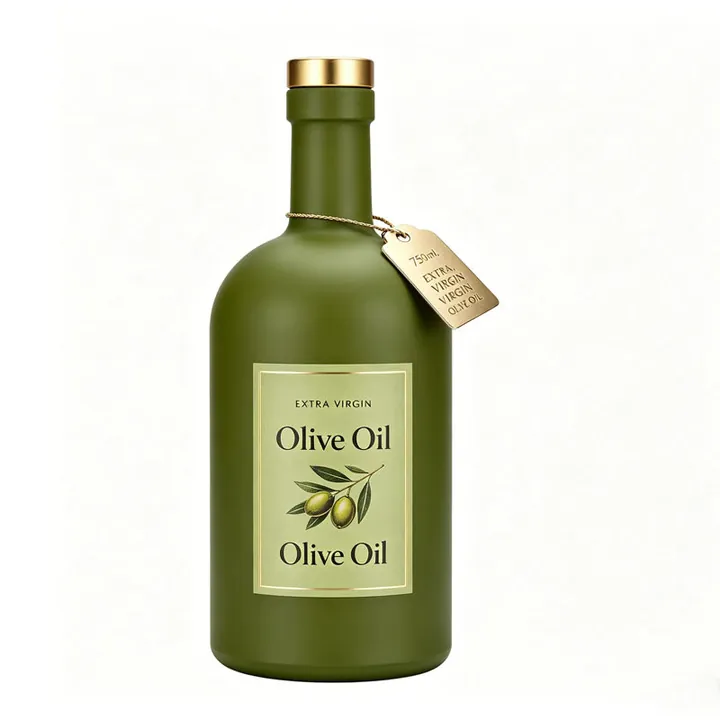 Square glass oil bottle with decorative metal plate and pourer