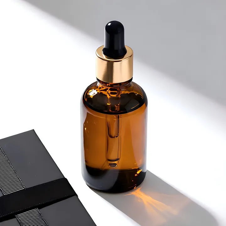 Amber glass bottle with gold collar and black bulb