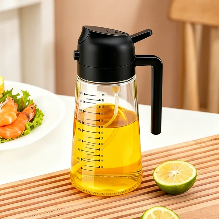 Ölzerstäuberflasche mit schwarzem Griff und Maßskala
