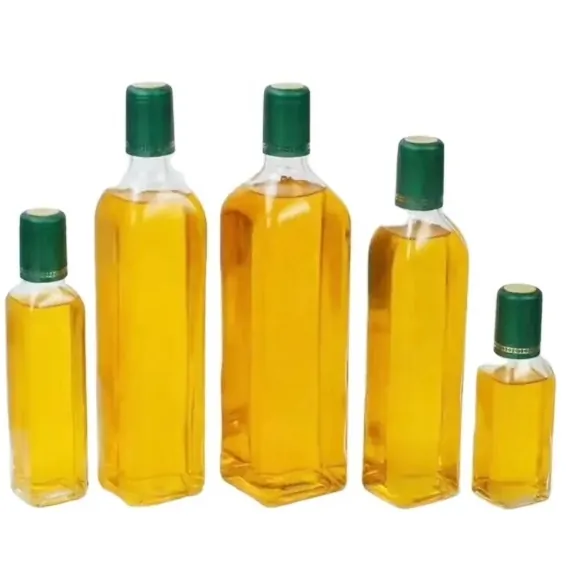 Clear square olive oil bottles filled with yellow oil
