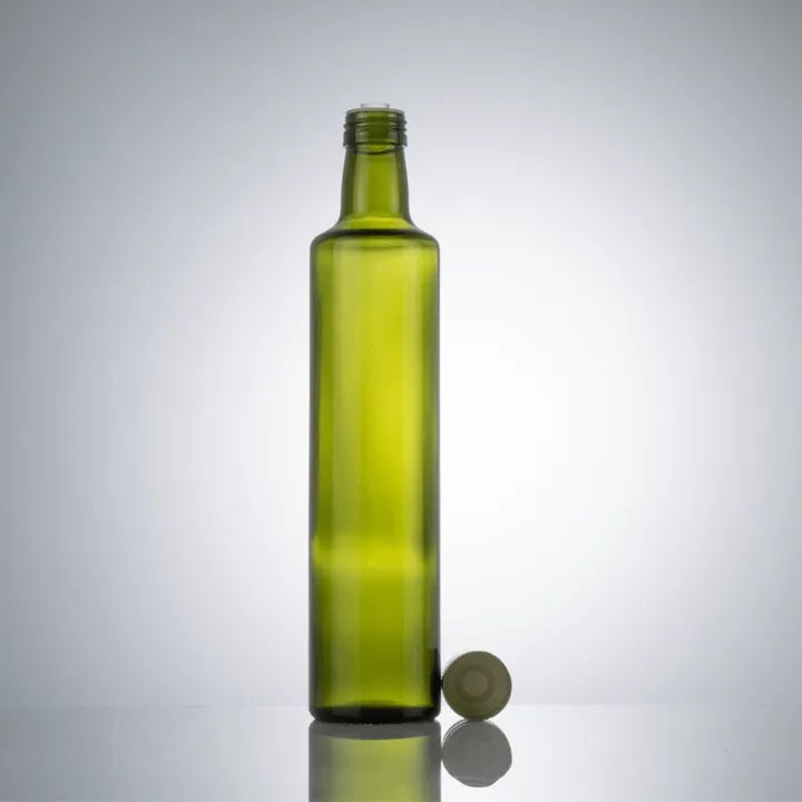 Tall green olive oil glass bottle with cap
