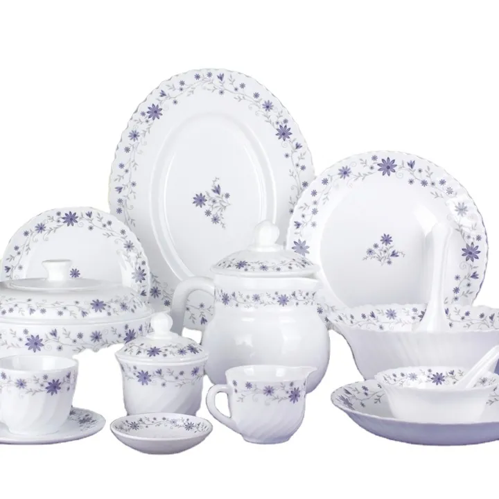 Service de table et service à thé en opale blanche, ornés d'une bordure florale violette