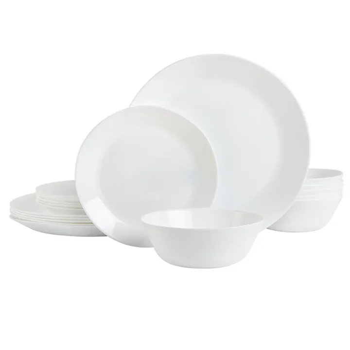 Service de table en verre opale blanc comprenant des assiettes, des bols et des assiettes creuses