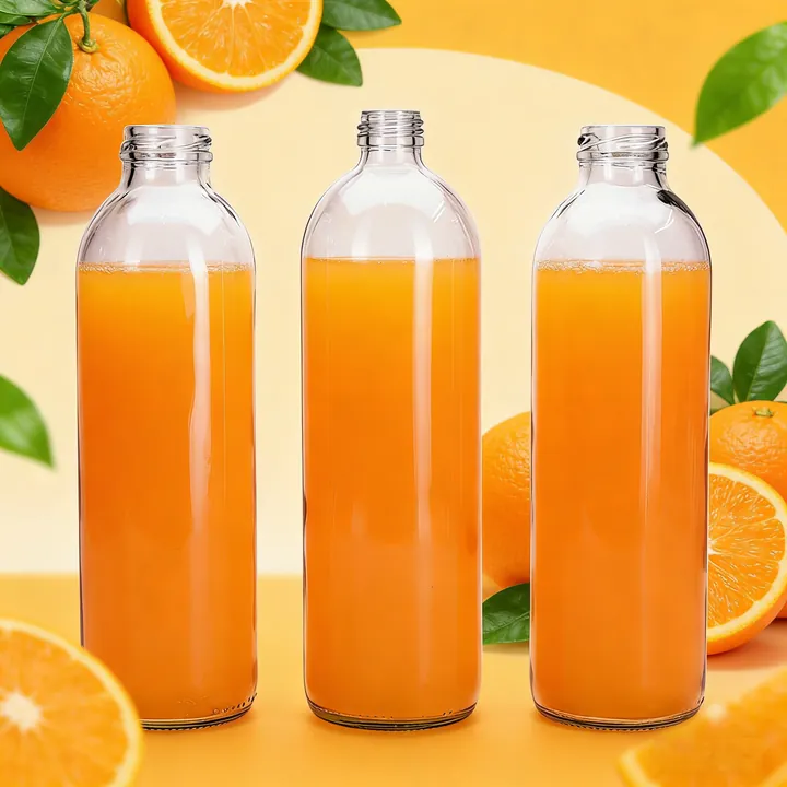 Three tall clear beverage bottles filled with orange juice beside fresh fruit