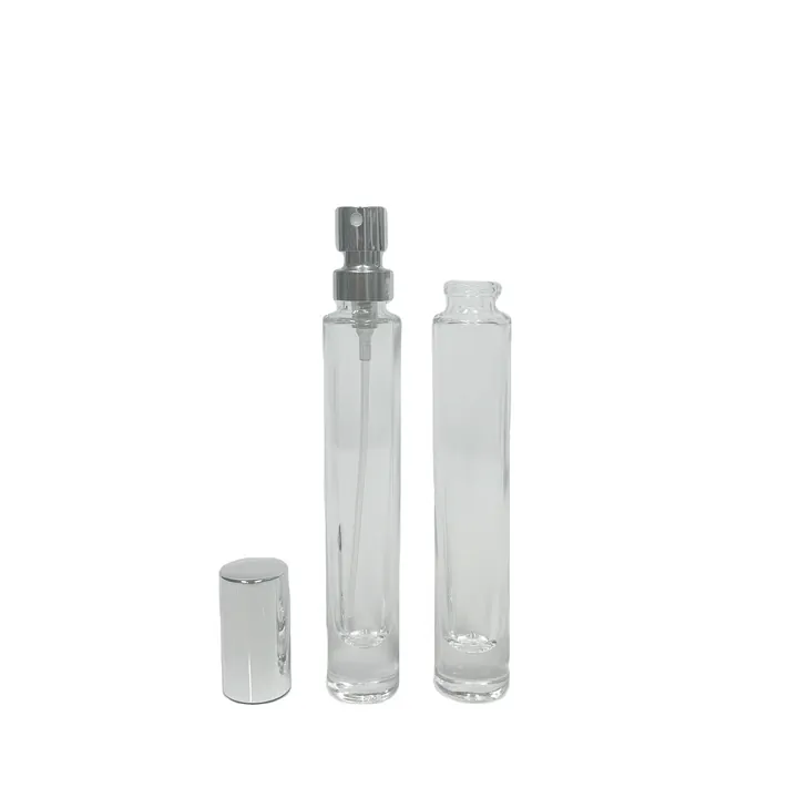 Transparent cylindrical perfume spray vial with open cap