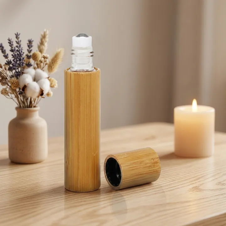 Slim perfume roller glass bottle with bamboo cover and cap