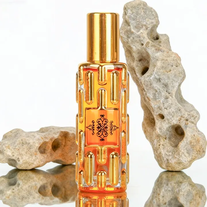 Slim gold spray perfume glass bottle with decorative texture