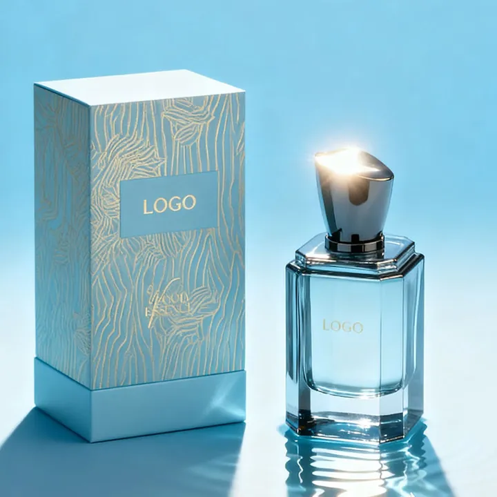 Amber perfume bottle with black tube gift box and logo label