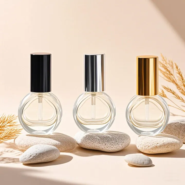 Tres frascos de perfume redondos y transparentes con tapones negros, plateados y dorados