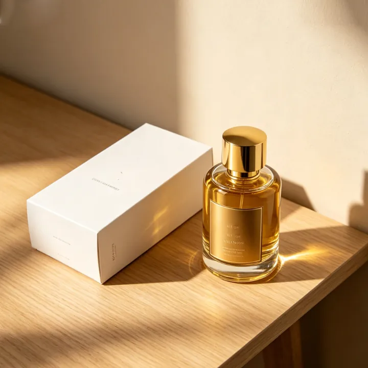 Amber round spray perfume bottle with gold pump and white box