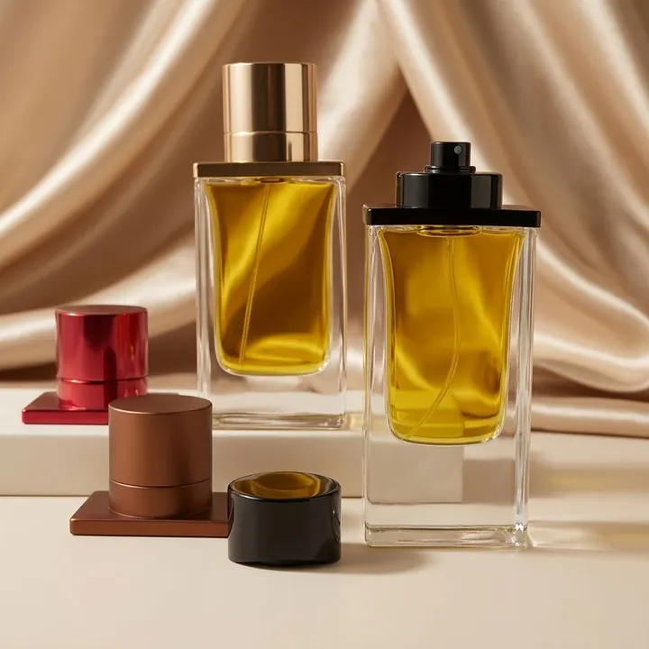 Two square perfume glass bottles with different colored caps on fabric