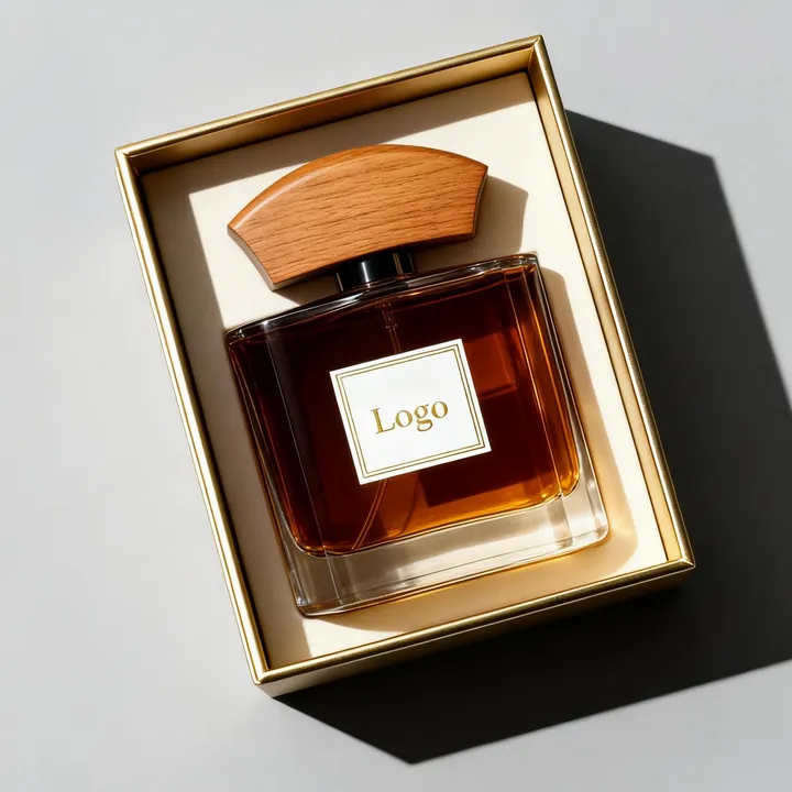 Amber square perfume glass bottle with wood cap and front label
