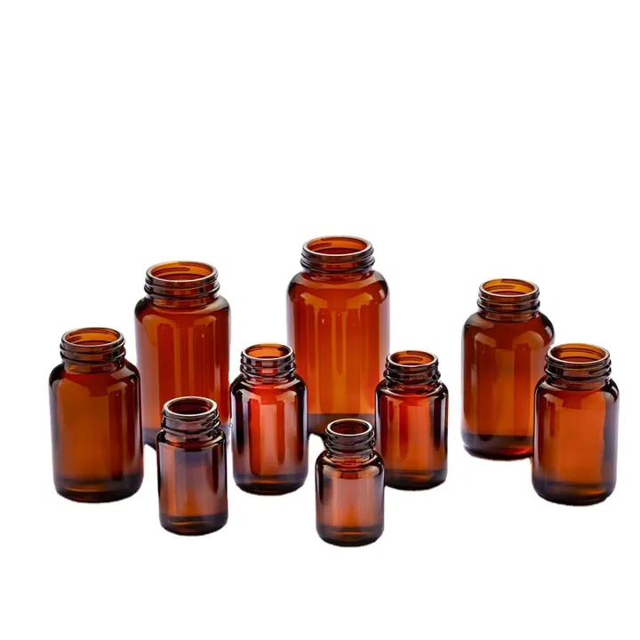 Amber wide-mouth pharmaceutical bottles in assorted sizes